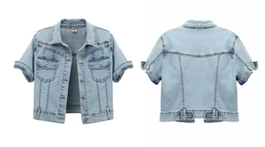 Front and back view of light blue short denim shrug jacket with metal buttons