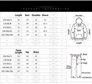 Detailed size chart for men tracksuit set including jacket and pants measurements