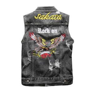Men's slim fit grey distressed denim vest featuring detailed eagle and rose embroidery