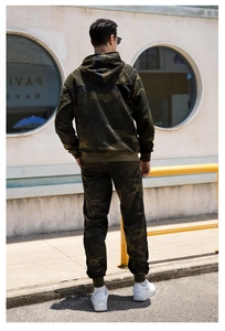 Rear view of men's olive green camouflage tracksuit with hoodie and ribbed joggers