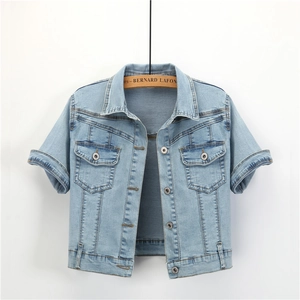 Short sleeve light blue denim jacket with classic collar and double chest pockets