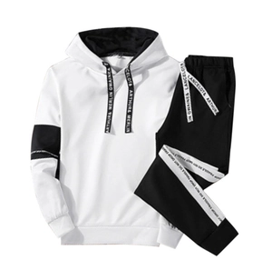 Men's casual tracksuit set featuring a white hooded sweatshirt and black trousers