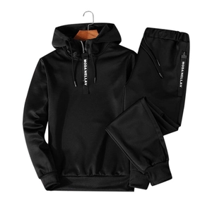 Men's black hooded tracksuit set with zip hoodie and joggers featuring ribbon details