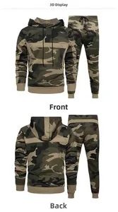 Front and back view of men's camouflage tracksuit with hoodie and matching joggers set