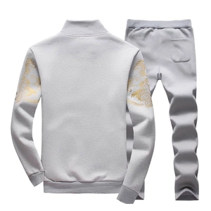 Men slim light grey tracksuit with golden baroque patterns on sleeves and joggers
