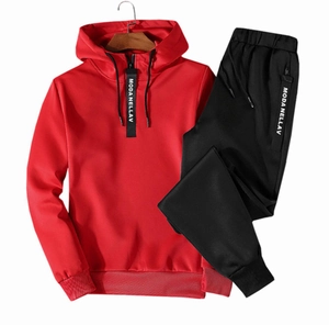 Men's two-piece tracksuit set with red hooded sweatshirt and black sports trousers