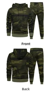 Front and back view of men's camouflage tracksuit with drawstring hoodie and jogger pants