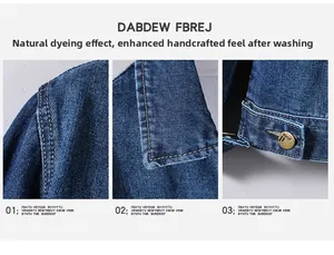 Detailed close-up of dark blue denim jacket showing premium stitching and branded metal buttons