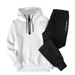 Men's casual hoodie set featuring a white hooded sweatshirt and black joggers with stripe detail