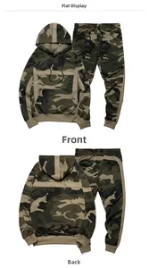 Detailed front and back view of men's camouflage tracksuit with hoodie and matching pants