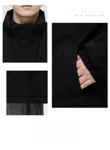Detailed close-up of stand-up collar and windproof elastic cuffs on black padded jacket