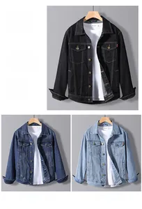 Detailed comparison of mens denim jackets in black, dark blue, and light blue washes