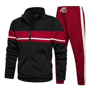 Men Casual Polyester Tracksuit Color Block Stand Collar Zipper Jacket and Drawstring Pants Top And Bottom Jogging Suit