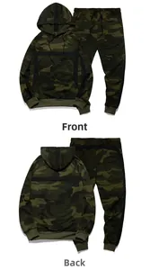 Detail view showing front and back of army green camo tracksuit with hooded sweatshirt