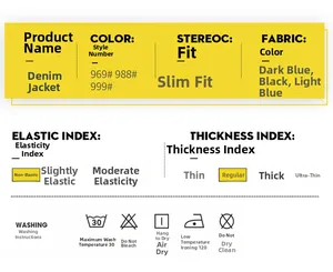 Detailed size chart and washing instructions for a slim fit denim jacket for men
