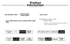 Size chart and fabric details for M997 men's puffer jacket in various colors