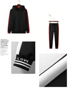 Vue détaillée de l'ensemble sweat à capuche et pantalon noir avec rayures rouges et logo