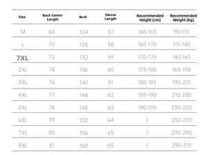 Size guide table for solid color men puffer jacket showing dimensions from M up to 8XL
