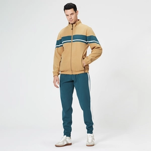 Men's retro color block track suit with camel zip jacket and navy jogger pants