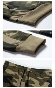 Detail of camouflage tracksuit showing ribbed hem, elastic waistband, and black drawstring