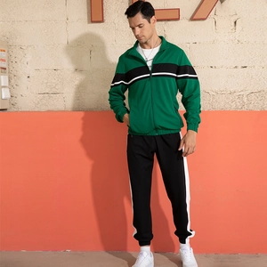 Men's retro green colorblock tracksuit with zip-up jacket and black striped pants