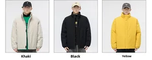 Three-color collage showing khaki, black, and yellow high-neck puffer jackets for men