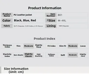 Detailed chart showing PU leather jacket fabric composition and size guide for M-4XL