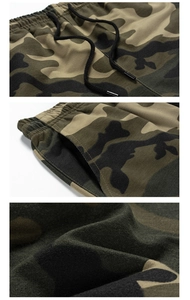 Detailed view of camo sweatpants waistband with black drawstrings and side pocket texture