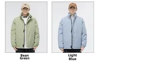 Detail view of puffer jacket cuffs and velcro closure in bean green and light blue