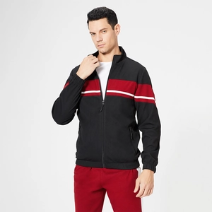 Men's casual sports tracksuit set featuring black jacket with red and white color blocking