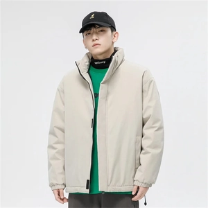 Detailed front view of high street men's stand-collar padded jacket in khaki with zipper