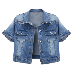 Short sleeve washed blue denim cropped jacket with metal buttons and chest pockets