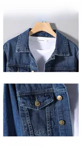 Detail view of denim jacket showing the collar and flap pocket with metal buttons