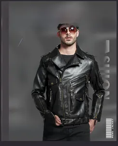Detail of black PU leather biker jacket with multiple zippers and waist belt style
