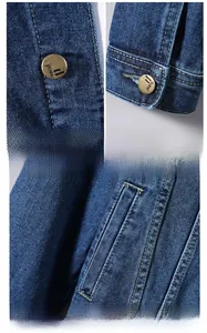 Detail view of denim jacket featuring blue fabric, metal buttons and stitching