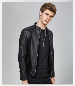 Detail of men's black PU leather jacket with ribbed shoulders and silver zipper closure