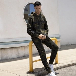 Men's two-piece camouflage tracksuit featuring a drawstring hoodie and matching jogger pants