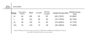 Detailed size chart for camouflage hoodie including chest width and length measurements