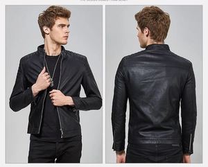 Detailed view of the black faux leather bomber jacket with ribbed shoulder and metal zippers