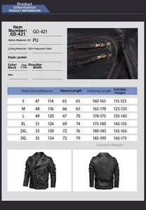 Detailed size chart for men's PU leather biker jacket with chest and length measurements