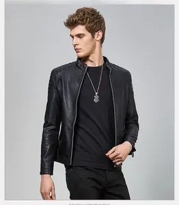 Close-up of men's black PU leather jacket with quilted shoulder detail and stand collar