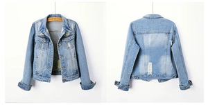 Detailed front and back views of light blue denim jacket with distressed ripped elements