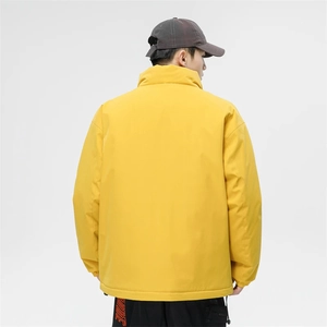 Rear view of men's yellow high collar padded jacket with adjustable drawstring hem