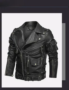 Detail of men's black PU leather motorcycle jacket featuring metal zippers and buckles