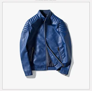 Detail view of navy blue faux leather jacket with biker shoulder padding and metal zippers
