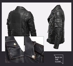 Detail view of black PU leather biker jacket showing multi-pockets and classic back design