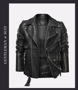Detail view of adjustable waist belt and premium grain texture on black moto leather jacket