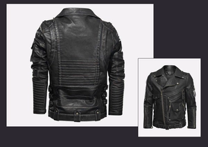 Detailed back and front view of a black punk PU leather biker jacket with quilted textures