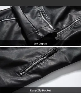 Detail of silver metal zippers on black PU leather jacket cuffs and pockets