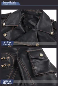 Detail of black PU leather biker jacket featuring orange stitching and metal snap buttons